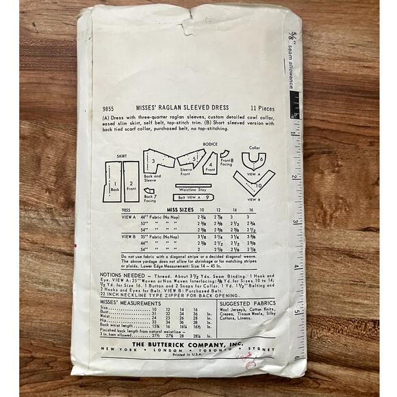 Vintage 1960s Butterick 9855 Sewing Pattern Sm Raglan Sleeve Midi Dress COMPLETE - Picture 2 of 2
